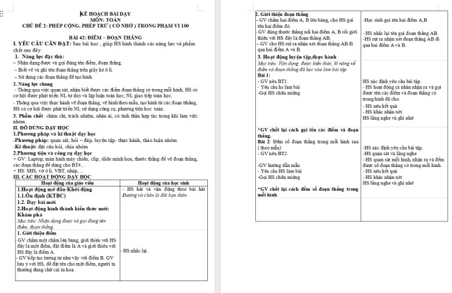 Giáo án Toán 2 Điểm - Đoạn thẳng