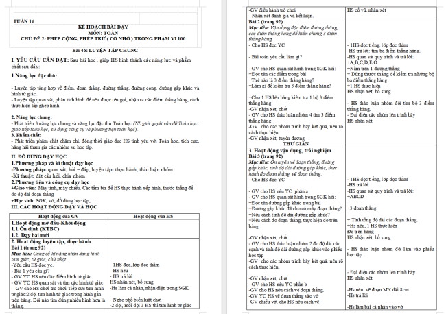 Giáo án Toán 2 Luyện tập chung trang 92