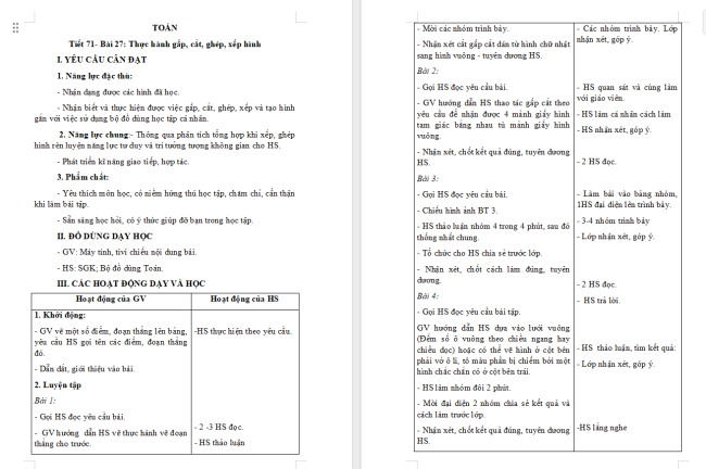 Giáo án Toán 2 Bài 27: Thực hành gấp, cắt, ghép, xếp hình, vẽ đoạn thẳng