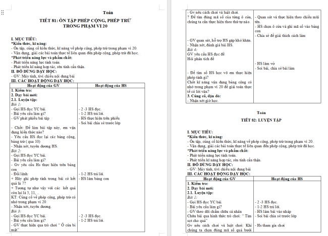 Giáo án Toán 2 Bài 33: Ôn tập phép cộng, phép trừ trong phạm vi 20, 100