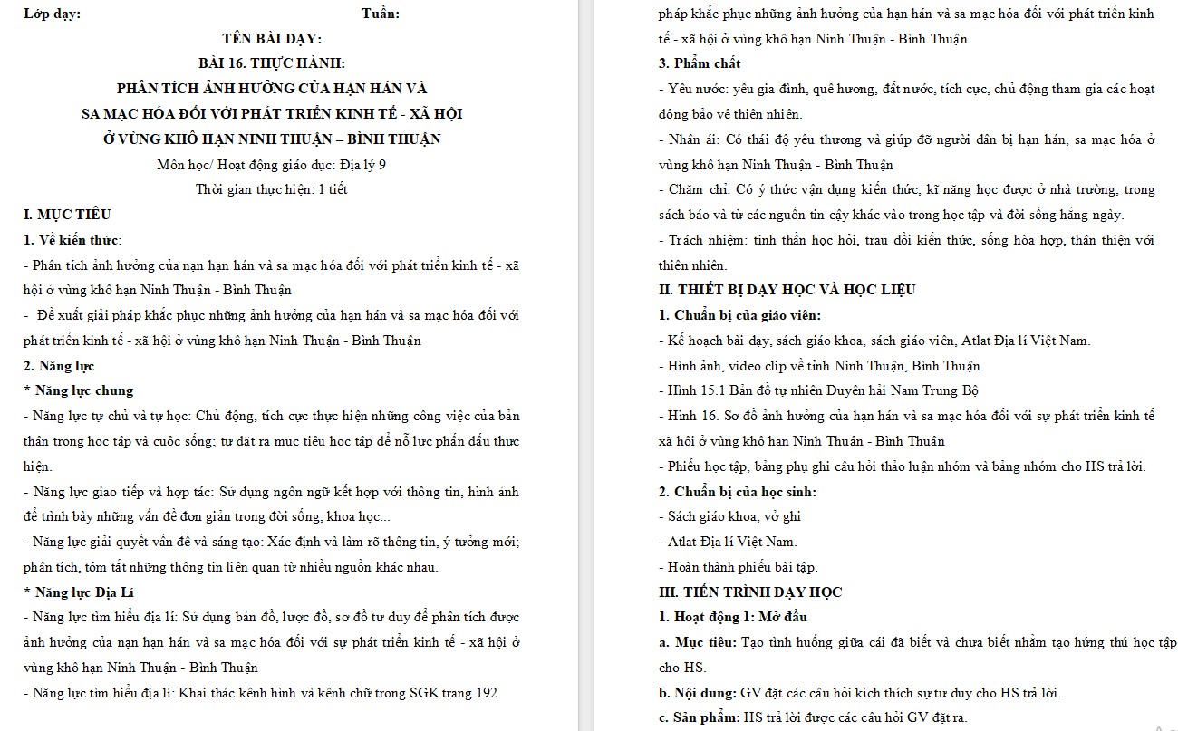 Giáo án Bài 16 Địa lí 9 Chân trời sáng tạo
