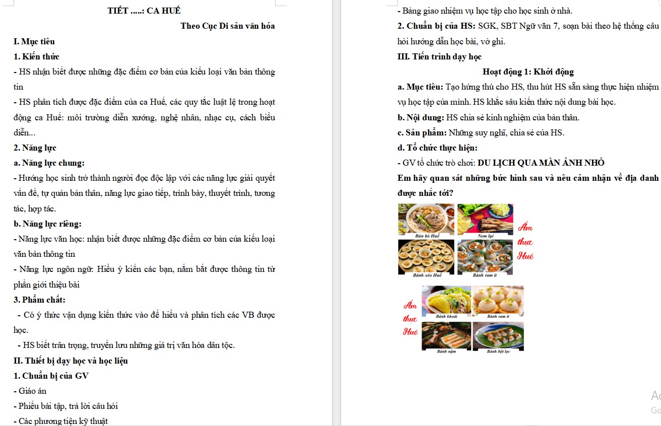 Giáo án Bài Ca Huế Ngữ văn 7 Cánh Diều