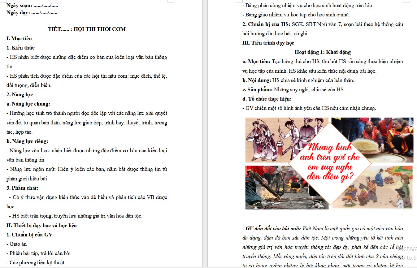 Giáo án Bài Hội thi thổi cơm Ngữ văn 7 Cánh Diều