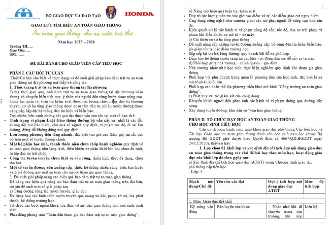 Đáp án An toàn giao thông cho nụ cười trẻ thơ dành cho giáo viên Tiểu học