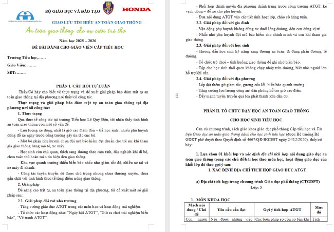 Đáp án An toàn giao thông cho nụ cười trẻ thơ giáo viên Tiểu học