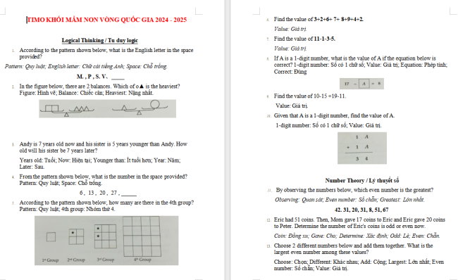 Đề thi Toán TIMO Mầm non Vòng Quốc gia năm 2024 - 2025