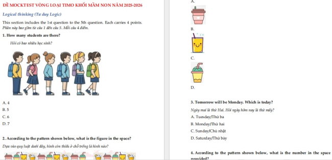 Đề thi thử Toán TIMO Mầm non năm 2025 - 2026 (Có đáp án)