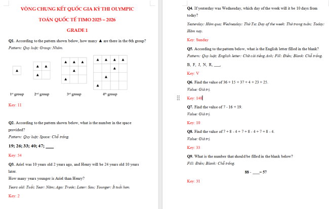 Đề thi Toán TIMO lớp 1 vòng quốc gia năm 2025 - 2026