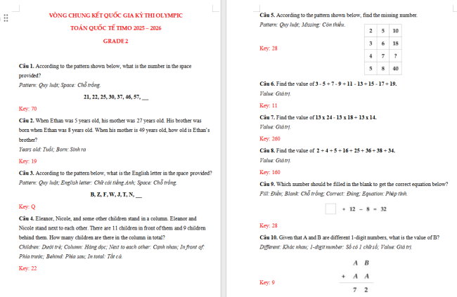 Đề thi Toán TIMO lớp 2 vòng quốc gia năm 2025 - 2026