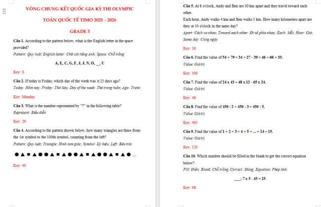 Đề thi Toán TIMO lớp 3 vòng quốc gia năm 2025 - 2026
