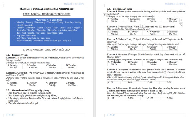 Bộ phiếu bài tập TIMO lớp 3