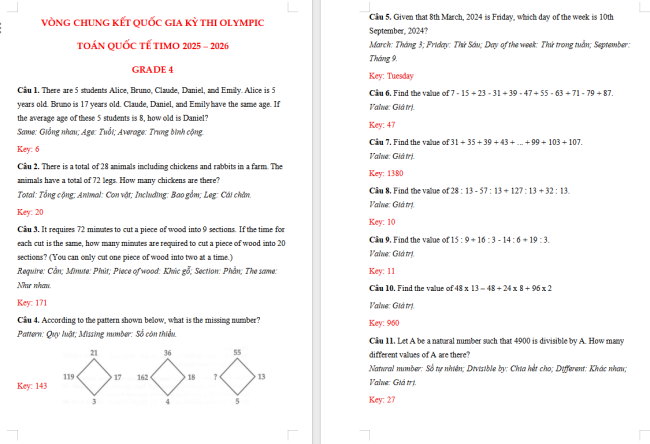 Đề thi Toán TIMO lớp 4 vòng quốc gia năm 2025 - 2026