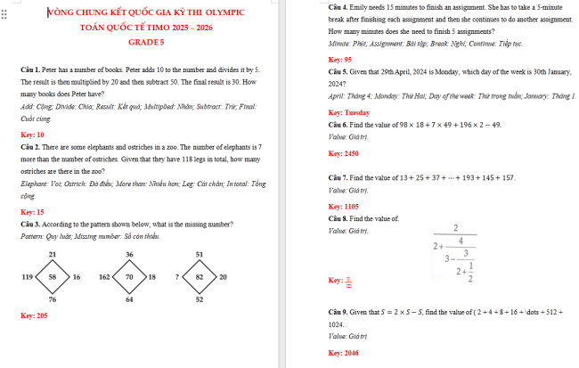 Đề thi Toán TIMO lớp 5 vòng quốc gia năm 2025 - 2026