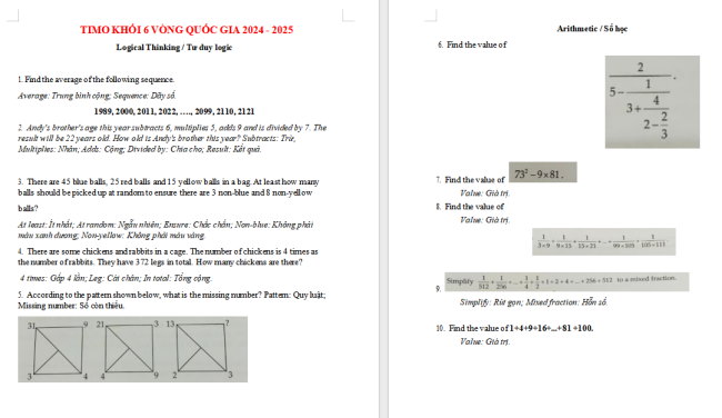Đề thi Toán TIMO lớp 6 Vòng quốc gia năm 2024 - 2025