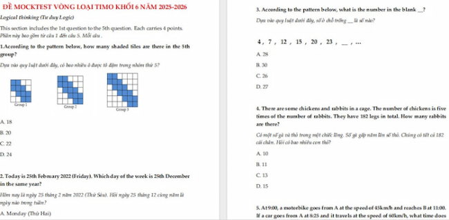 Đề thi thử vòng loại TIMO lớp 6 năm 2025 - 2026