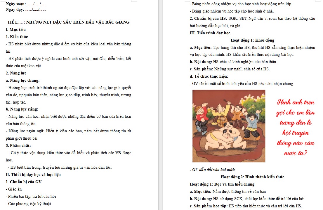 Giáo án Bài Những nét đặc sắc trên “đất vật” Bắc Giang Ngữ văn 7 Cánh Diều