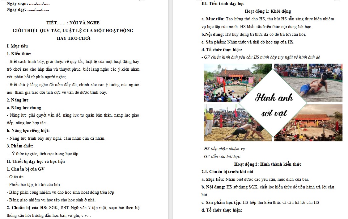 Giáo án Bài Giới thiệu quy tắc, luật lệ của một hoạt động hay trò chơi Ngữ văn 7 Cánh Diều