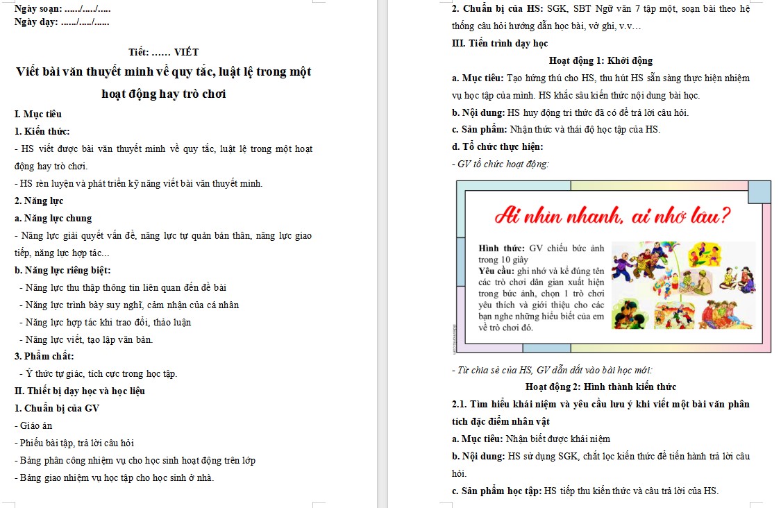 Giáo án Bài Viết bài văn thuyết minh về quy tắc luật lệ trong một hoạt động hay trò chơi Ngữ văn 7 Cánh Diều