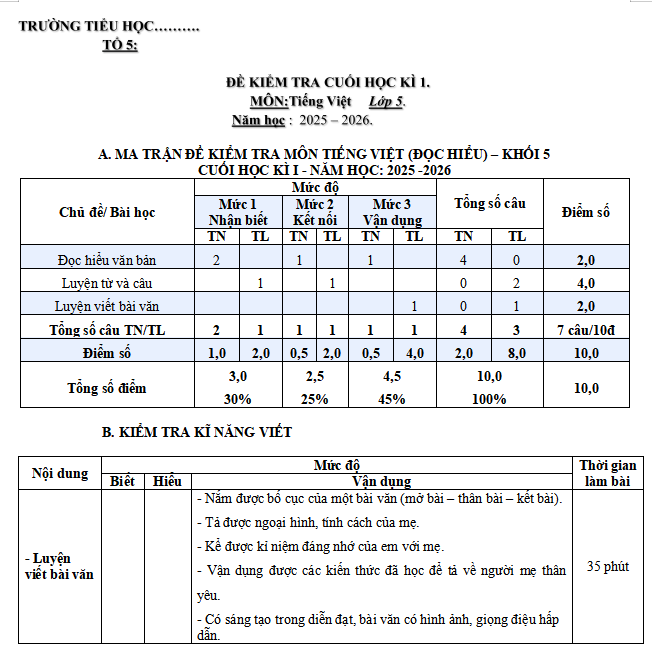 Ma trận đề thi học kì 1 môn Tiếng Việt 5 Cánh diều