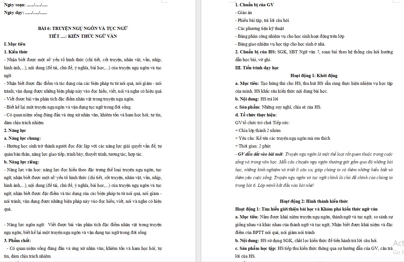 Giáo án Bài 6 Kiến thức ngữ văn trang 3,4 Ngữ văn 7 Cánh Diều