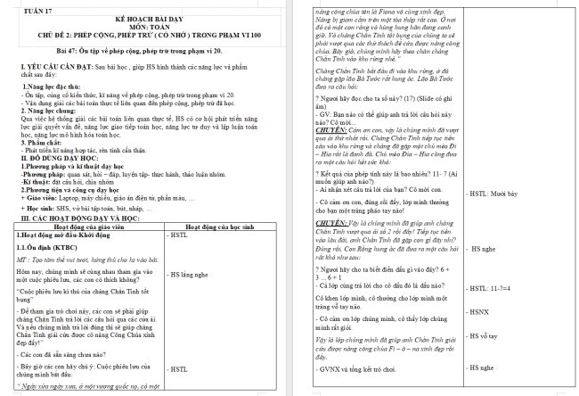 Giáo án Toán 2 Ôn tập về phép cộng, phép trừ trong phạm vi 20