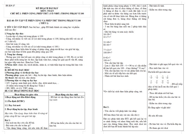 Giáo án Toán 2 Ôn tập về phép cộng, phép trừ trong phạm vi 100