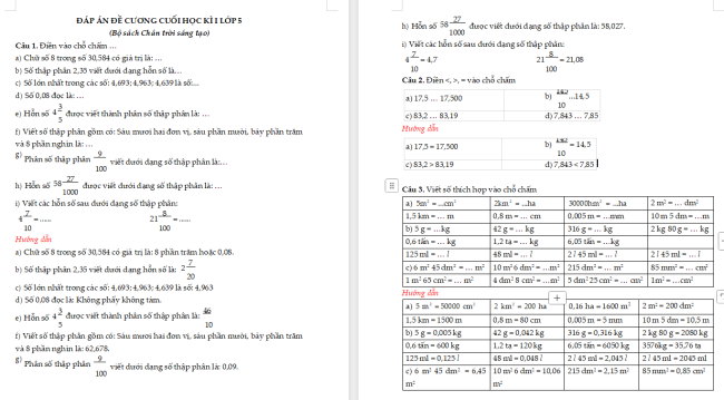 Đáp án đề cương học kì 1 môn Toán 5 sách Chân trời sáng tạo