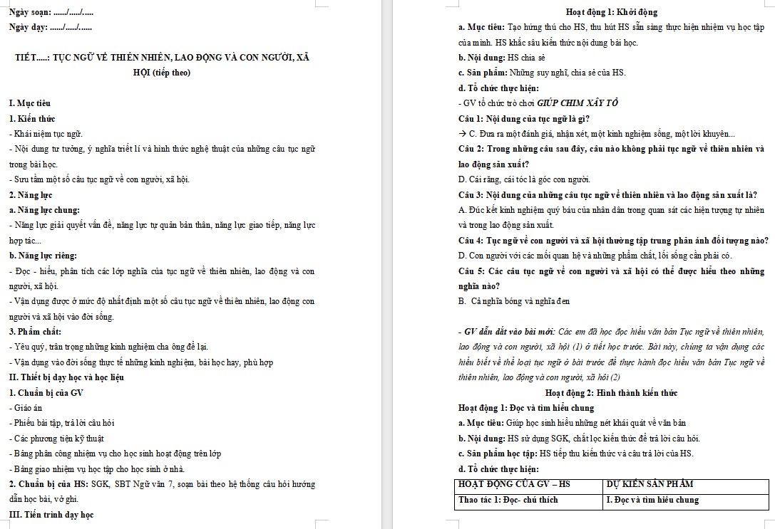 Giáo án Bài Tục ngữ về thiên nhiên, lao động và con người, xã hội Ngữ văn 7 Cánh Diều