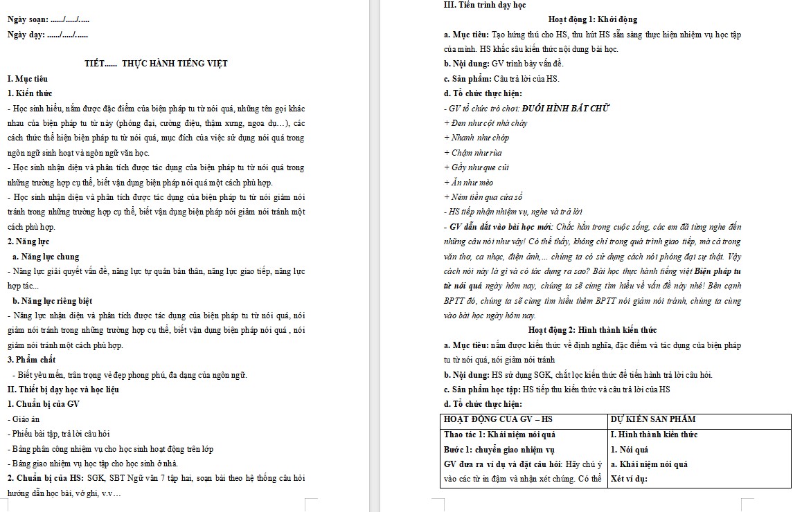 Giáo án Bài Thực hành tiếng việt trang 9,10 Ngữ văn 7 Cánh Diều
