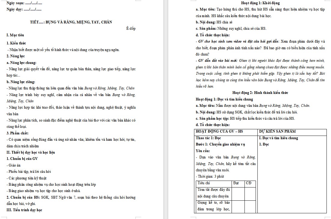 Giáo án Bài Bụng và Răng Miệng, Tay, Chân Ngữ văn 7 Cánh Diều