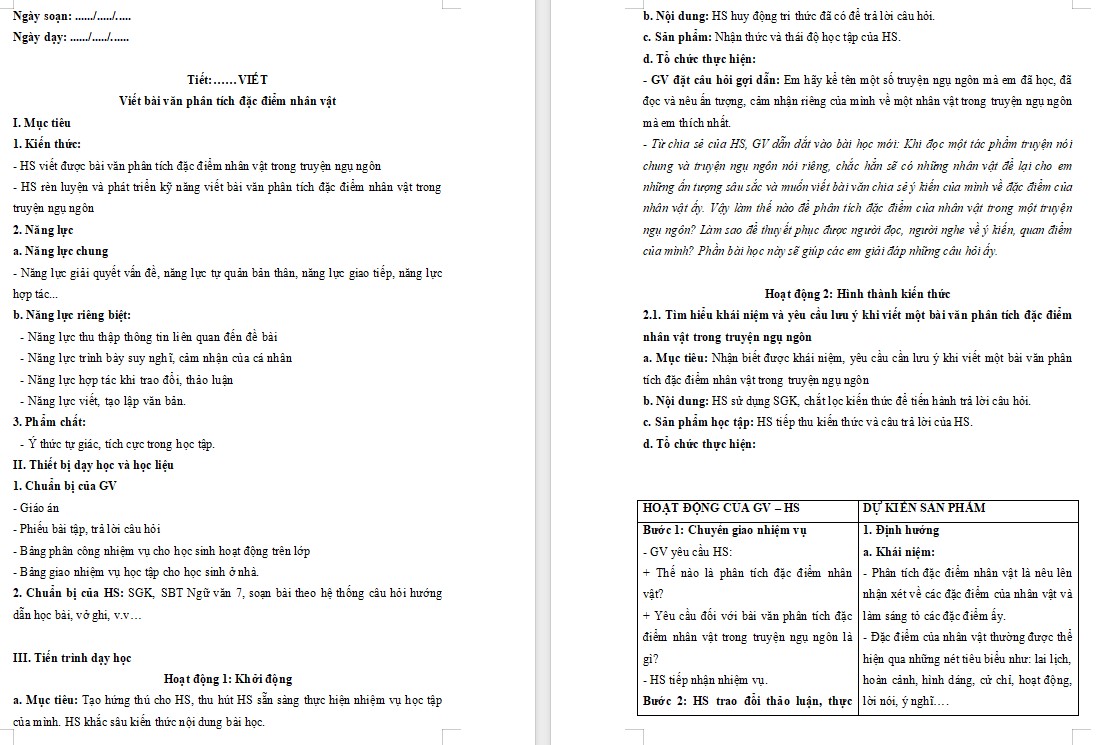 Giáo án Bài Viết bài văn phân tích đặc điểm nhân vật Ngữ văn 7 Cánh Diều