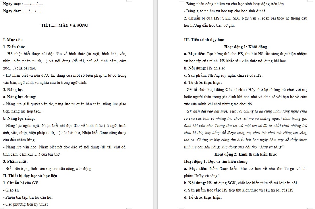 Giáo án Bài Mây và sóng Ngữ văn 7 Cánh Diều