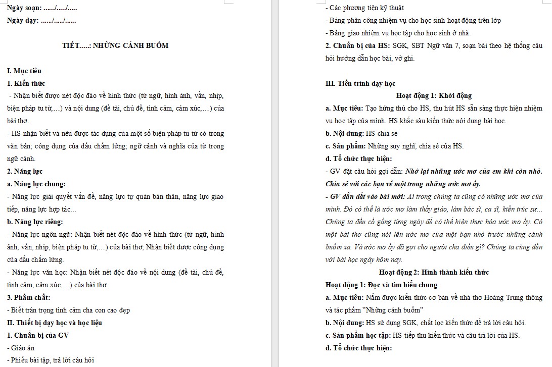 Giáo án Bài Những cánh buồm Ngữ văn 7 Cánh Diều