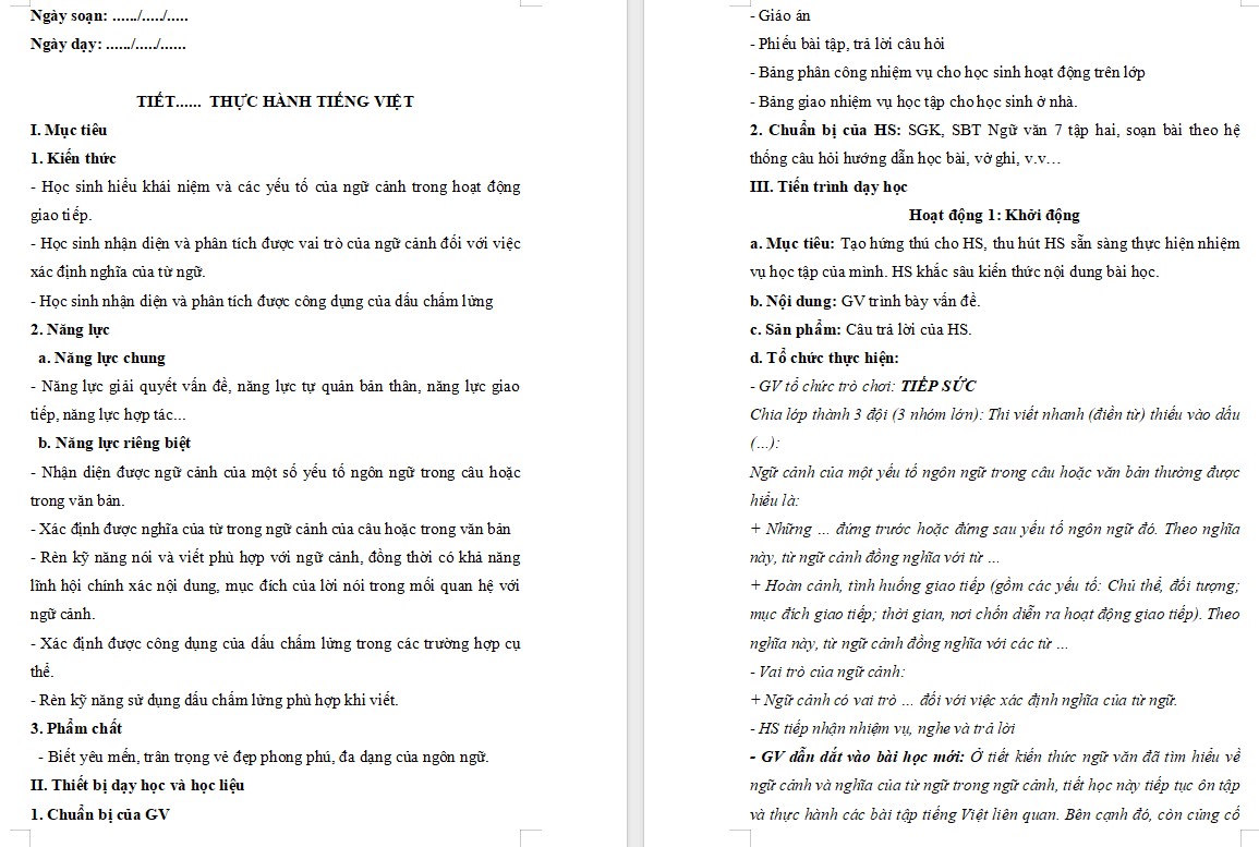 Giáo án Bài Thực hành tiếng việt trang 26 Ngữ văn 7 Cánh Diều