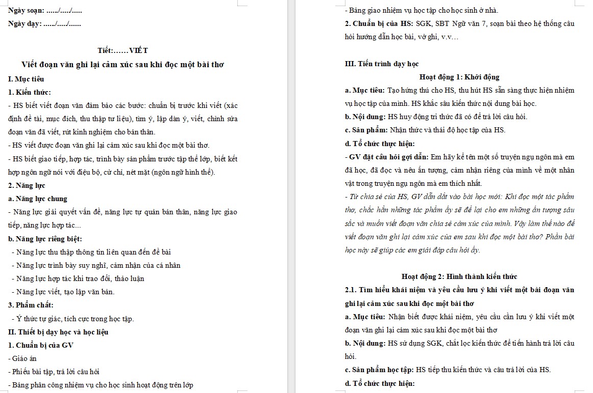 Giáo án Bài Viết đoạn văn ghi lại cảm xúc Ngữ văn 7 Cánh Diều