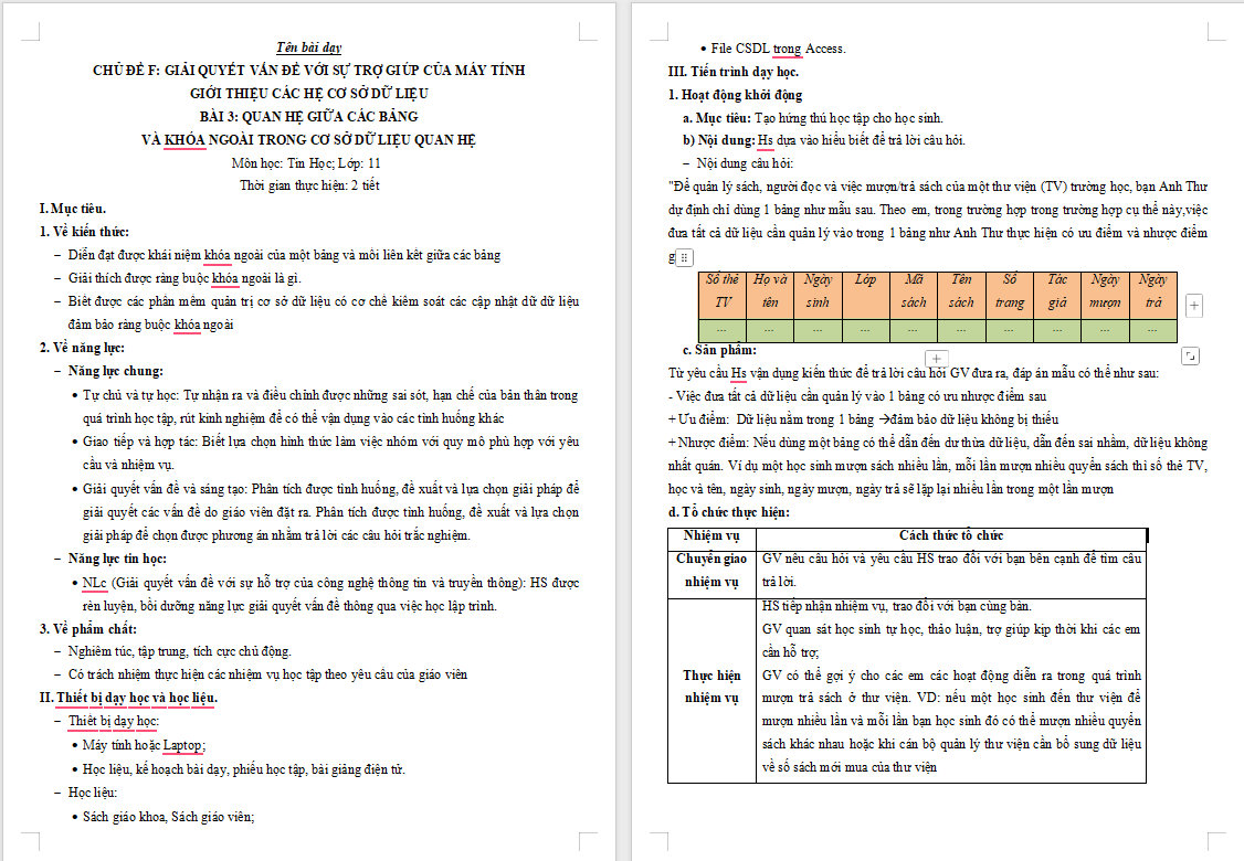 Quan hệ giữa các bảng và khoá ngoài trong CSDL quan hệ