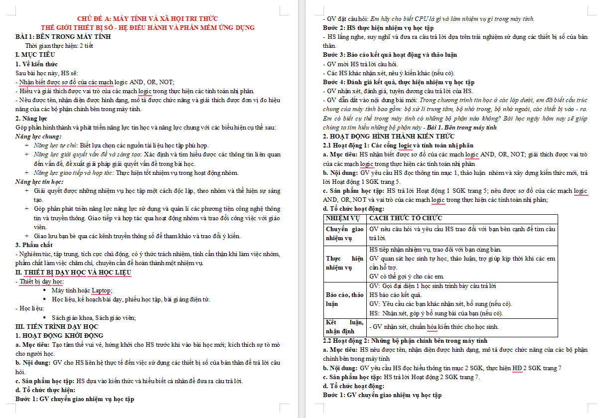 Tin học 11 Bài 1: Bên trong máy tính