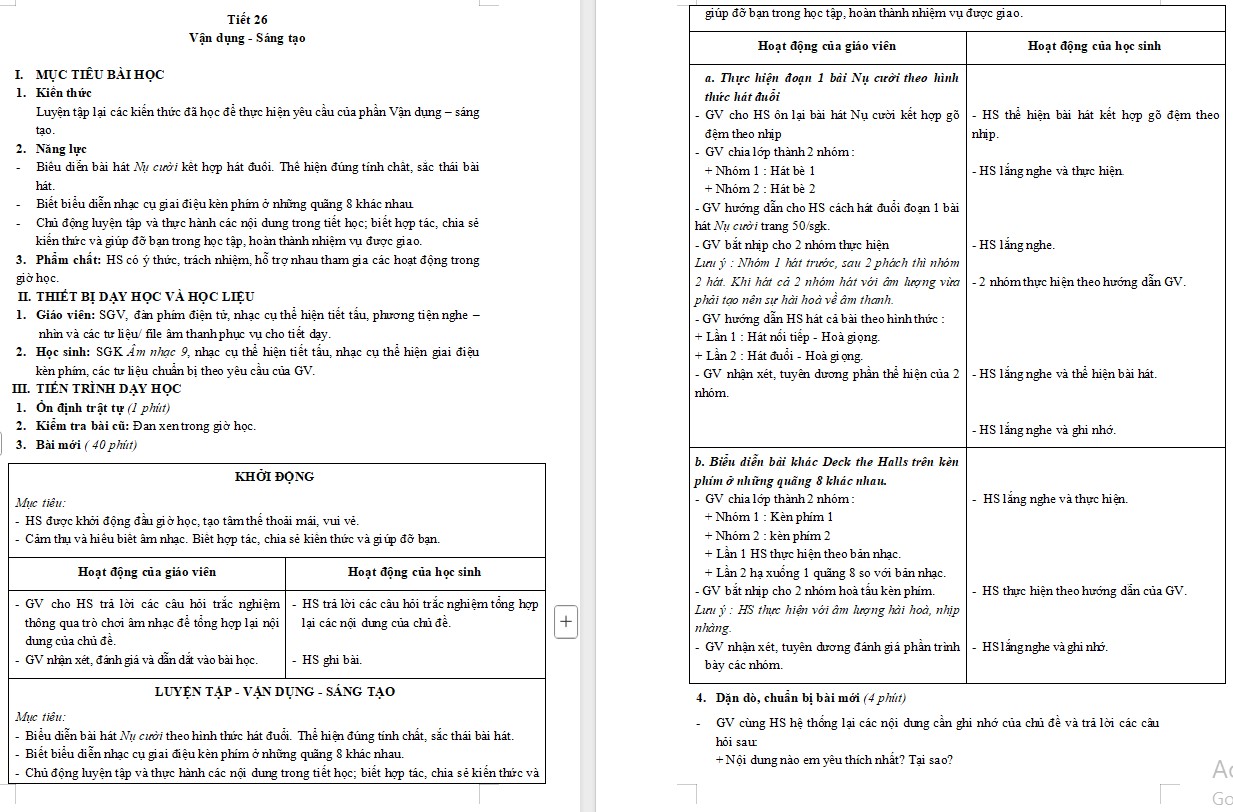Kế hoạch bài dạy Âm nhạc 9 KNTT Bài 12 tiết 26