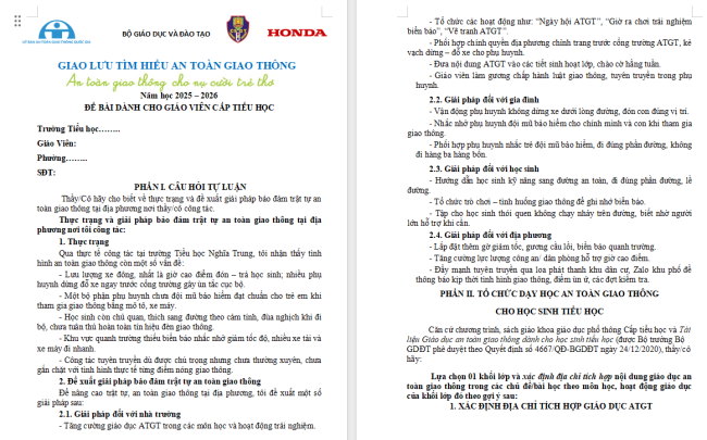 Đáp án An toàn giao thông cho nụ cười trẻ thơ giáo viên
