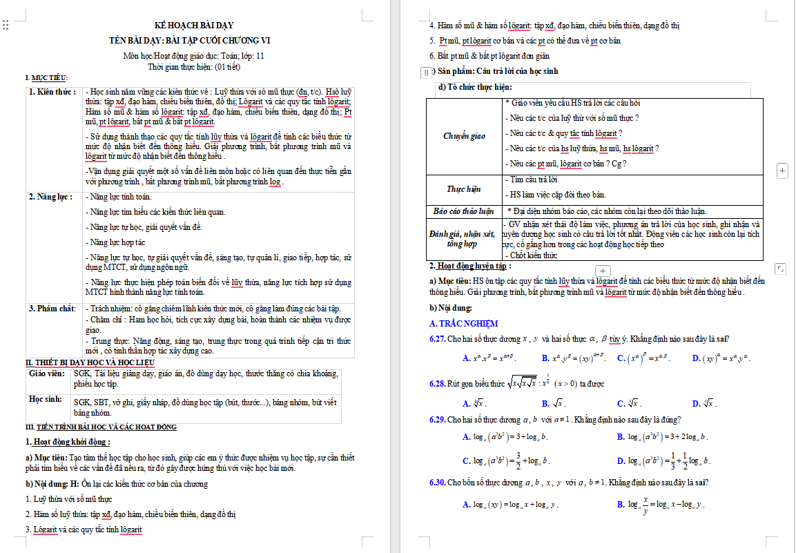 Giáo án Toán 11 Bài tập cuối chương 6