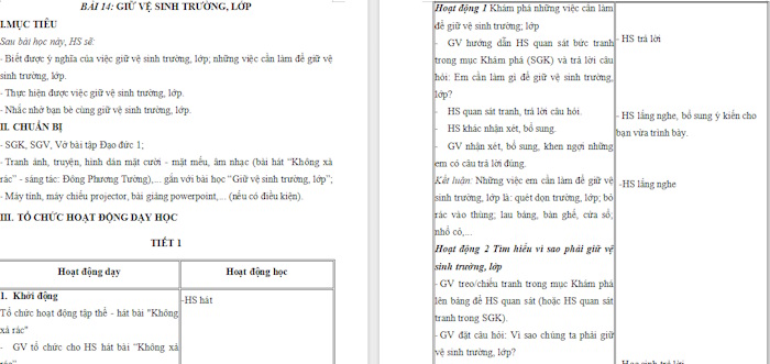 Giáo án Đạo đức 1: Giữ vệ sinh trường, lớp