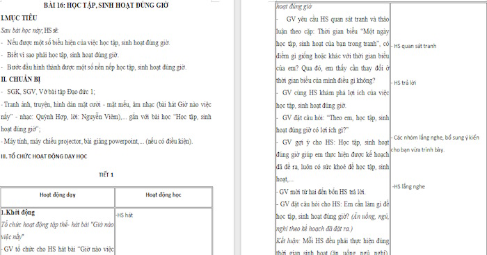 Giáo án Đạo đức 1: Học tập, sinh hoạt đúng giờ