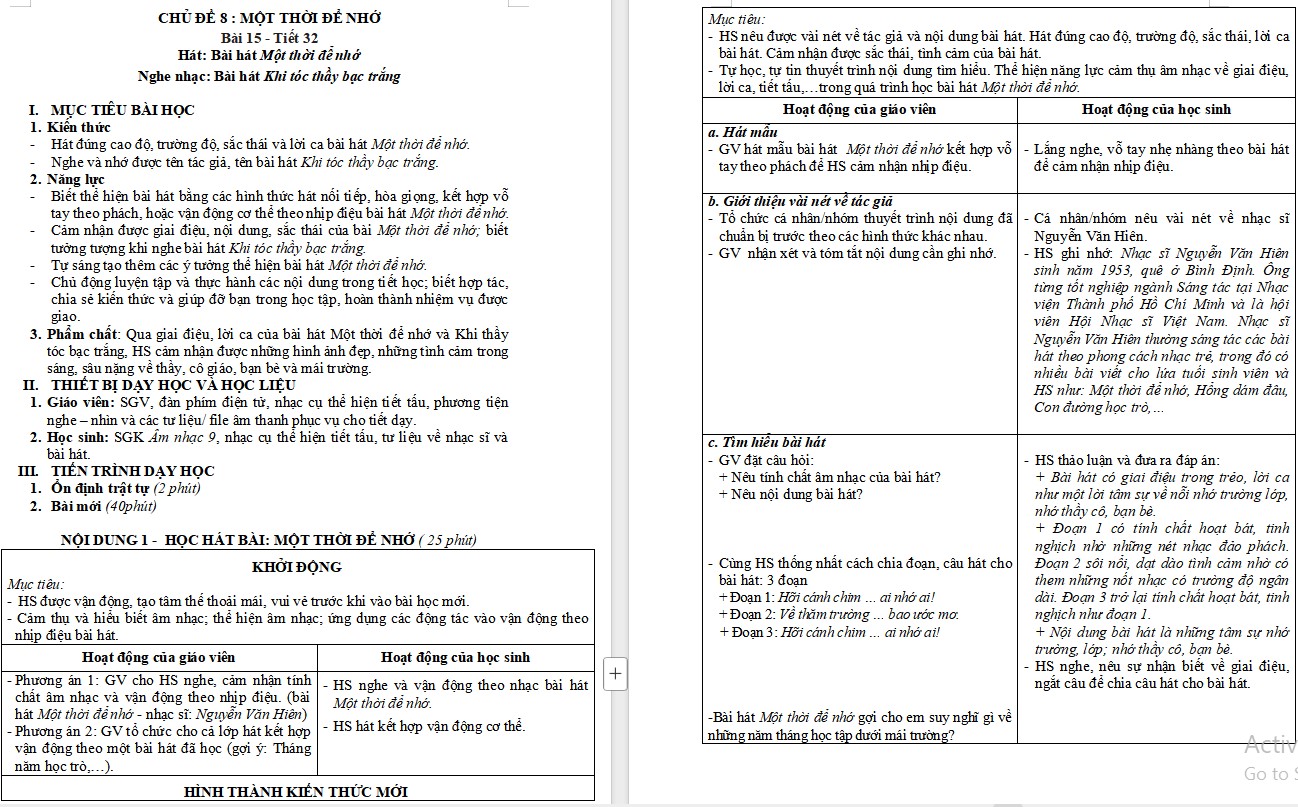 Kế hoạch bài dạy Âm nhạc 9 KNTT Bài 15 tiết 32