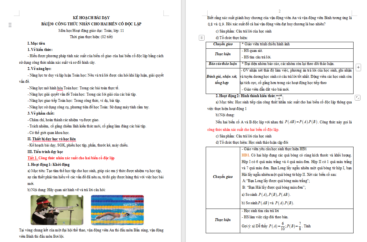  Công thức nhân xác suất cho hai biến cố độc lập