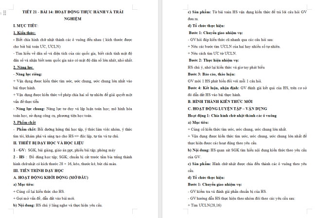 Giáo án Toán 6 Bài 14: Hoạt động thực hành và trải nghiệm