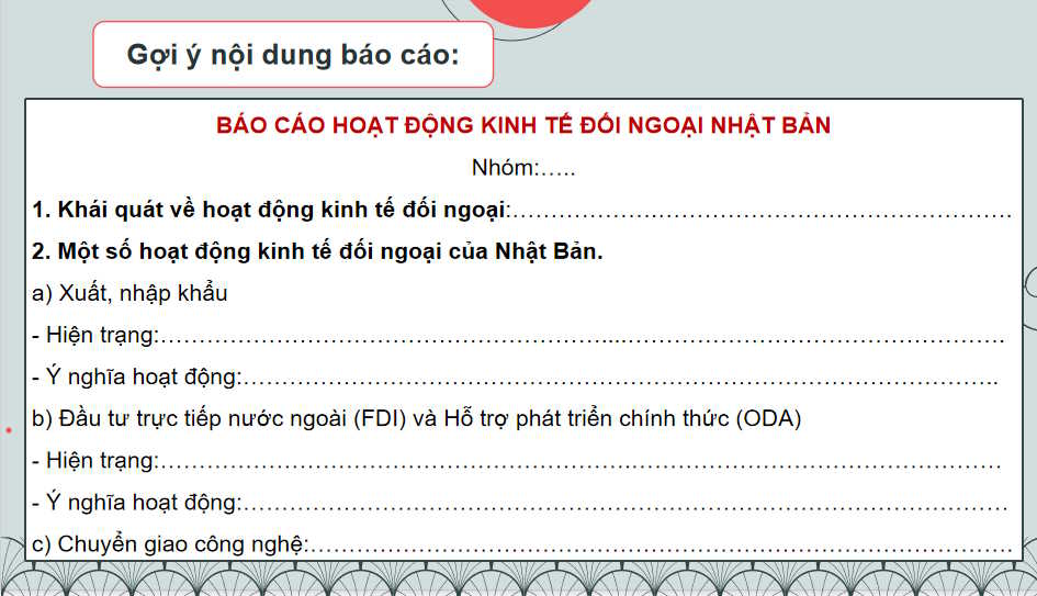 Thực hành viết báo cáo về hoạt động kinh tế đối ngoại của Nhật Bản