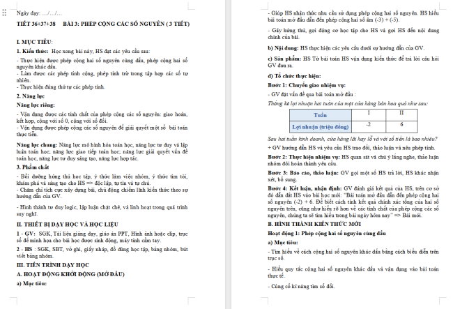 Giáo án Toán 6 Bài 3: Phép cộng các số nguyên