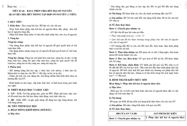 Giáo án Toán 6 Bài 6: Phép chia hết hai số nguyên. Quan hệ chia hết trong tập hợp số nguyên