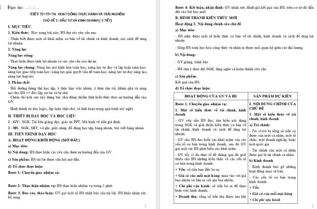 Giáo án Toán 6 Chủ đề 1: Đầu tư kinh doanh