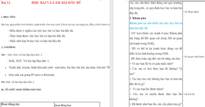 Giáo án Đạo đức 1: Học bài và làm bài đầy đủ